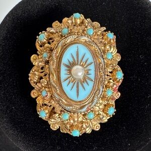 💚Vintage 1950s Victorian brooch with turquoise and pearl set in ASTM